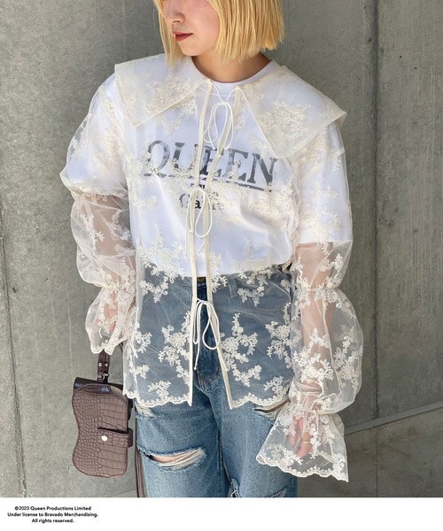 CIAOPANIC（チャオパニック）の「ビッグカラーレース刺繍ブラウス（シャツ/ブラウス・レディース・オフホワイト/ブラック/ピンク・FREE）」の10枚目の写真