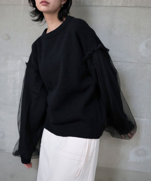 LIAN（リアン）の「袖チュールニットプルオーバー（ニット/セーター・レディース・アイボリー/ブラック/グレー・FREE）」の3枚目の写真