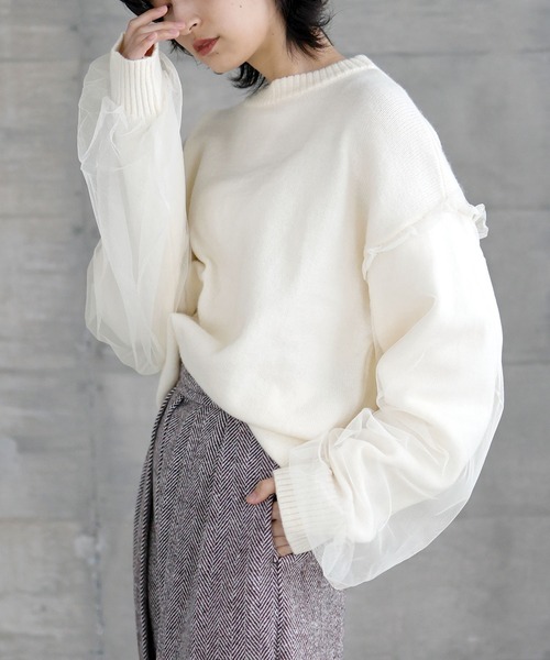 LIAN（リアン）の「袖チュールニットプルオーバー（ニット/セーター・レディース・アイボリー/ブラック/グレー・FREE）」の7枚目の写真