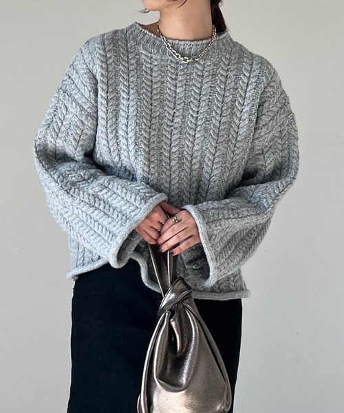 un dix cors（アンディコール）の「ケーブルニットプルオーバー（ニット/セーター・レディース・ライトグレー/ミント・FREE）」の2枚目の写真