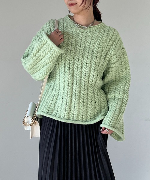 un dix cors（アンディコール）の「ケーブルニットプルオーバー（ニット/セーター・レディース・ライトグレー/ミント・FREE）」の3枚目の写真