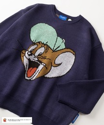 【TOM&JERRY/トムとジェリー】キャラクターBIGフェイスイラスト ジャガード織りデザイン ビッグシルエット クルーネックニット