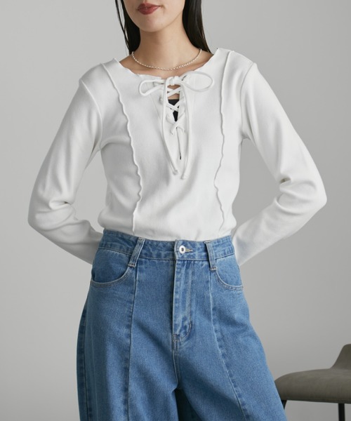 セール】2WAYレースアップトップス/カットソー（Tシャツ