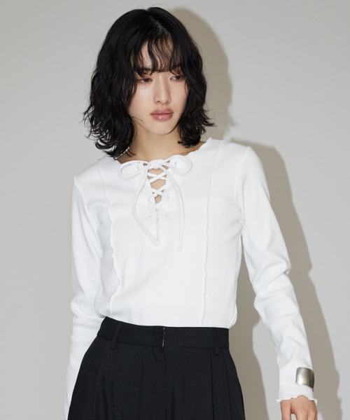 Aunt Marie's(アントマリーズ)の「2WAYレースアップトップス/カットソー(Tシャツ/カットソー・レディース・ブラック/ホワイト/イエロー/モカ/ピンク・FREE)」の9枚目の写真