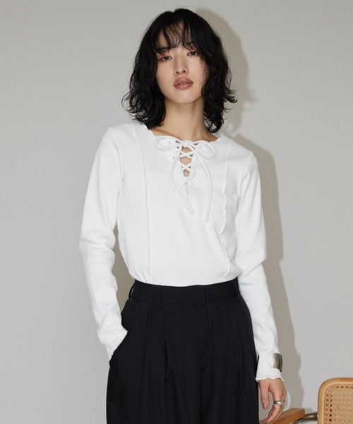 Aunt Marie's(アントマリーズ)の「2WAYレースアップトップス/カットソー(Tシャツ/カットソー・レディース・ブラック/ホワイト/イエロー/モカ/ピンク・FREE)」の11枚目の写真