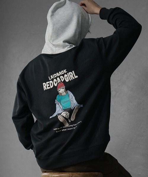 MinoriTY(マイノリティ)の「【MinoriTY select】”RED CAP GIRL” ガールプリントパーカー オーバーサイズ プルオーバー ルーズフィット ビッグシルエット メンズ 秋服(パーカー・メンズ・グレー/アッシュグレー/ネイビー/アイボリー・L/M)」の3枚目の写真