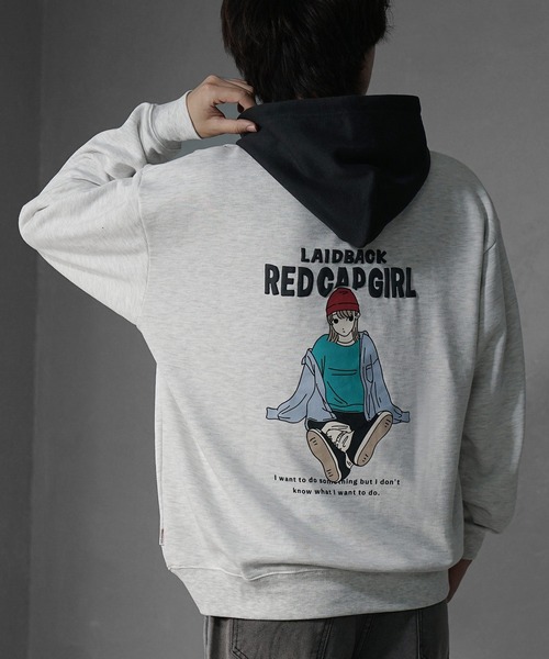 MinoriTY(マイノリティ)の「【MinoriTY select】”RED CAP GIRL” ガールプリントパーカー オーバーサイズ プルオーバー ルーズフィット ビッグシルエット メンズ 秋服(パーカー・メンズ・グレー/アッシュグレー/ネイビー/アイボリー・L/M)」の2枚目の写真