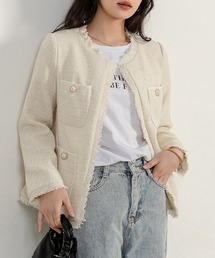 DAY CLOSET | レディース きれいめノーカラーツイード風ジャケット(ノーカラージャケット)