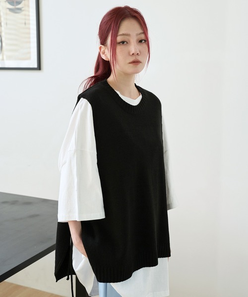 UNE MANSION（ユヌマンション）の「オーバーサイズサイドストリングリボンニットベスト（ベスト・レディース・ブラック/ピンク/イエロー/アイボリー/グリーン・FREE）」の9枚目の写真