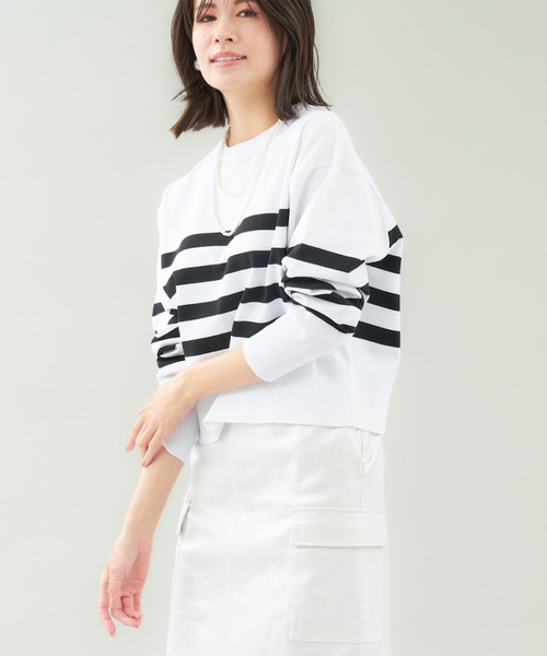 abahouse mavie（アバハウスマヴィ）の「スポンジングボーダー2WAYプルオーバー（カーディガン/ボレロ・レディース・ネイビー/ホワイト・フリー）」の2枚目の写真