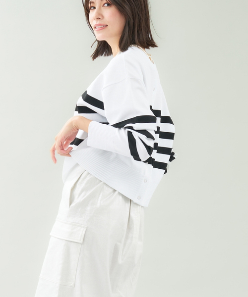 abahouse mavie（アバハウスマヴィ）の「スポンジングボーダー2WAYプルオーバー（カーディガン/ボレロ・レディース・ネイビー/ホワイト・フリー）」の5枚目の写真