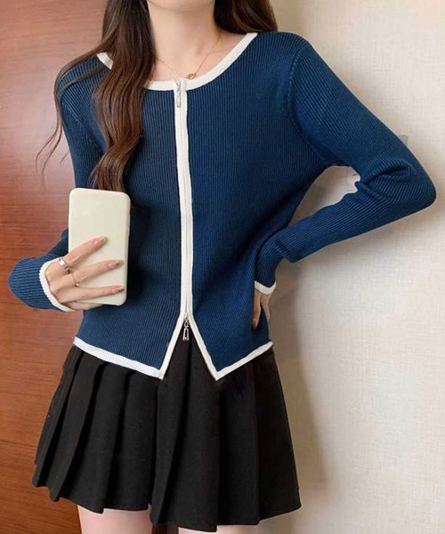 Miniministore(ミニミニストア)の「ダブルジップ 長袖ニットカーディガン(ニット/セーター・レディース・ベージュ/グレー/オフホワイト/ブラック/ネイビー・FREE)」の1枚目の写真