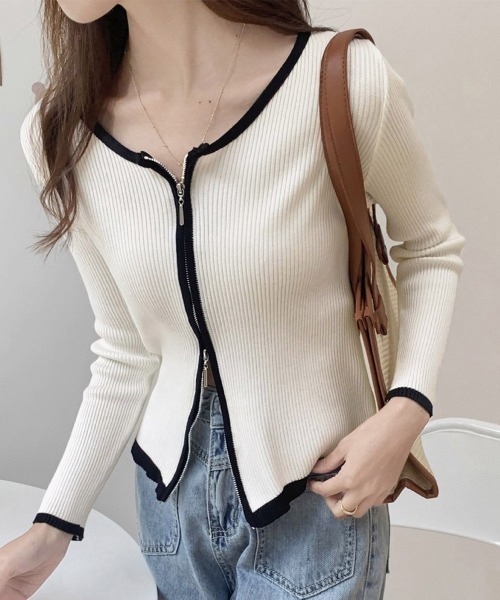 Miniministore(ミニミニストア)の「ダブルジップ 長袖ニットカーディガン(ニット/セーター・レディース・ベージュ/グレー/オフホワイト/ブラック/ネイビー・FREE)」の2枚目の写真