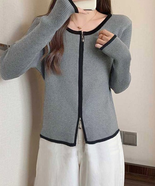 Miniministore(ミニミニストア)の「ダブルジップ 長袖ニットカーディガン(ニット/セーター・レディース・ベージュ/グレー/オフホワイト/ブラック/ネイビー・FREE)」の6枚目の写真