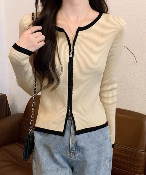 Miniministore(ミニミニストア)の「ダブルジップ 長袖ニットカーディガン(ニット/セーター・レディース・ベージュ/グレー/オフホワイト/ブラック/ネイビー・FREE)」の7枚目の写真