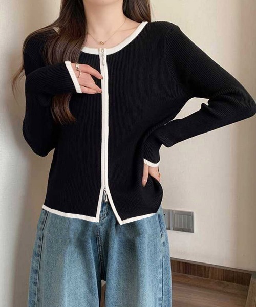 Miniministore(ミニミニストア)の「ダブルジップ 長袖ニットカーディガン(ニット/セーター・レディース・ベージュ/グレー/オフホワイト/ブラック/ネイビー・FREE)」の8枚目の写真