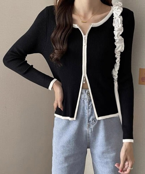 Miniministore(ミニミニストア)の「ダブルジップ 長袖ニットカーディガン(ニット/セーター・レディース・ベージュ/グレー/オフホワイト/ブラック/ネイビー・FREE)」の9枚目の写真