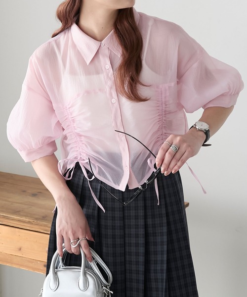 BONLECILL（ボンルシール）の「シアードロストボリュームスリーブリボンシャツ（シャツ/ブラウス・レディース・イエロー/ピンク/オフホワイト/ライトグレー・FREE）」の4枚目の写真