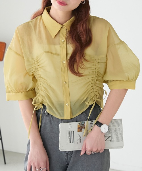 BONLECILL（ボンルシール）の「シアードロストボリュームスリーブリボンシャツ（シャツ/ブラウス・レディース・イエロー/ピンク/オフホワイト/ライトグレー・FREE）」の3枚目の写真