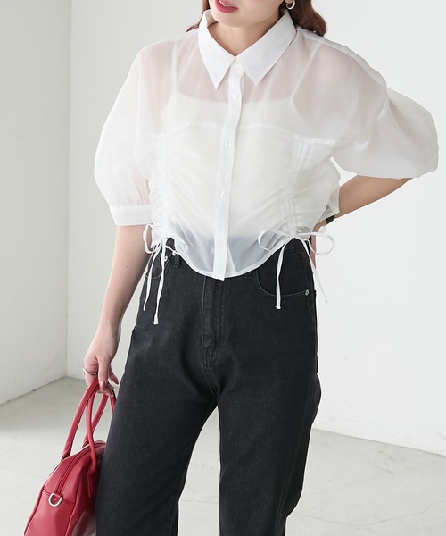 BONLECILL（ボンルシール）の「シアードロストボリュームスリーブリボンシャツ（シャツ/ブラウス・レディース・イエロー/ピンク/オフホワイト/ライトグレー・FREE）」の6枚目の写真