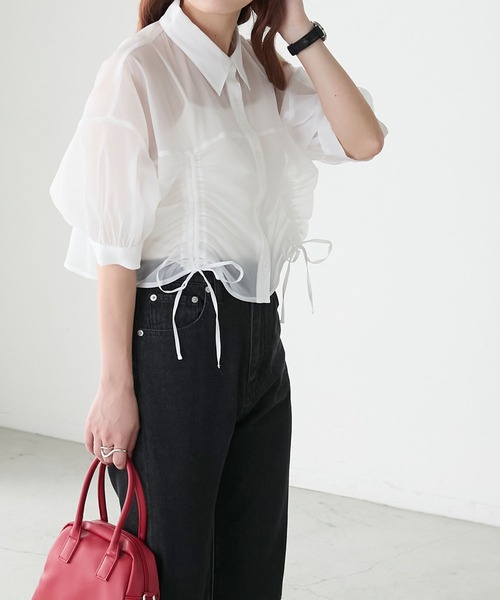 BONLECILL（ボンルシール）の「シアードロストボリュームスリーブリボンシャツ（シャツ/ブラウス・レディース・イエロー/ピンク/オフホワイト/ライトグレー・FREE）」の7枚目の写真