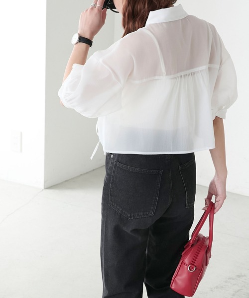 BONLECILL（ボンルシール）の「シアードロストボリュームスリーブリボンシャツ（シャツ/ブラウス・レディース・イエロー/ピンク/オフホワイト/ライトグレー・FREE）」の8枚目の写真