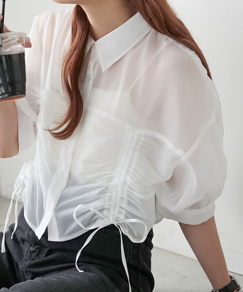 BONLECILL（ボンルシール）の「シアードロストボリュームスリーブリボンシャツ（シャツ/ブラウス・レディース・イエロー/ピンク/オフホワイト/ライトグレー・FREE）」の9枚目の写真