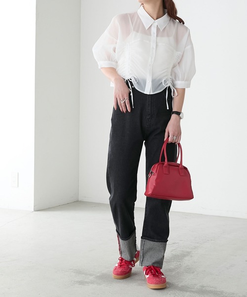 BONLECILL（ボンルシール）の「シアードロストボリュームスリーブリボンシャツ（シャツ/ブラウス・レディース・イエロー/ピンク/オフホワイト/ライトグレー・FREE）」の10枚目の写真