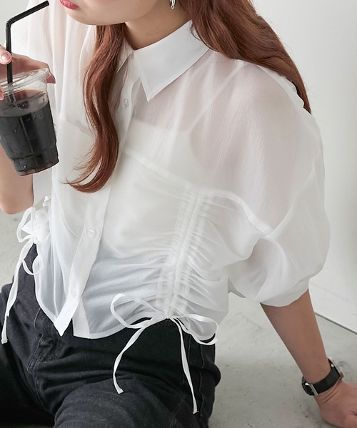 BONLECILL（ボンルシール）の「シアードロストボリュームスリーブリボンシャツ（シャツ/ブラウス・レディース・イエロー/ピンク/オフホワイト/ライトグレー・FREE）」の12枚目の写真