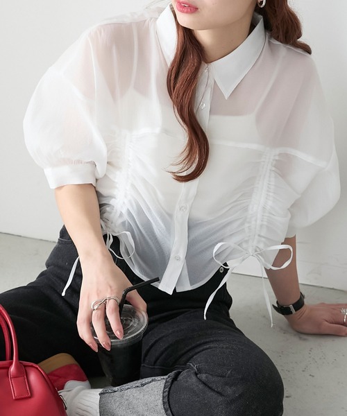 BONLECILL（ボンルシール）の「シアードロストボリュームスリーブリボンシャツ（シャツ/ブラウス・レディース・イエロー/ピンク/オフホワイト/ライトグレー・FREE）」の13枚目の写真