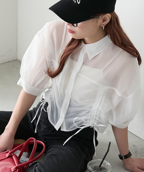 BONLECILL（ボンルシール）の「シアードロストボリュームスリーブリボンシャツ（シャツ/ブラウス・レディース・イエロー/ピンク/オフホワイト/ライトグレー・FREE）」の14枚目の写真