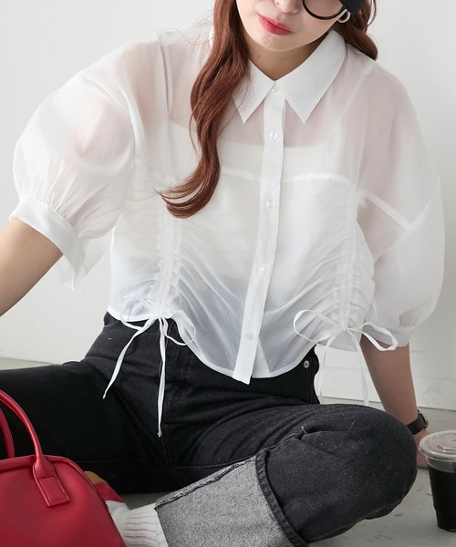 BONLECILL（ボンルシール）の「シアードロストボリュームスリーブリボンシャツ（シャツ/ブラウス・レディース・イエロー/ピンク/オフホワイト/ライトグレー・FREE）」の15枚目の写真