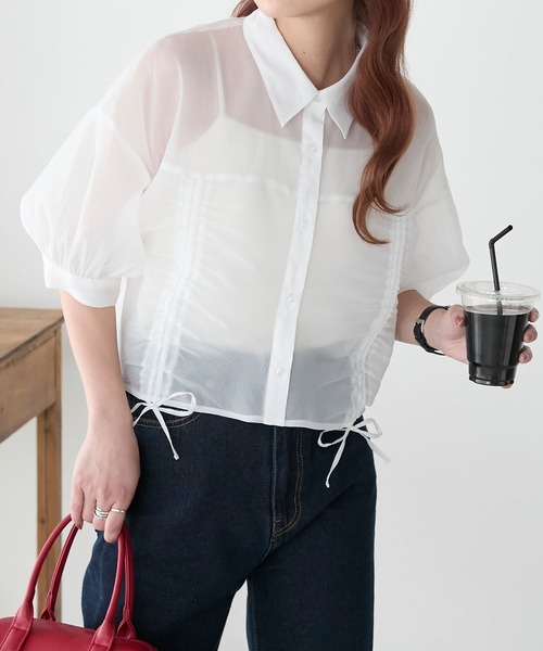 BONLECILL（ボンルシール）の「シアードロストボリュームスリーブリボンシャツ（シャツ/ブラウス・レディース・イエロー/ピンク/オフホワイト/ライトグレー・FREE）」の16枚目の写真