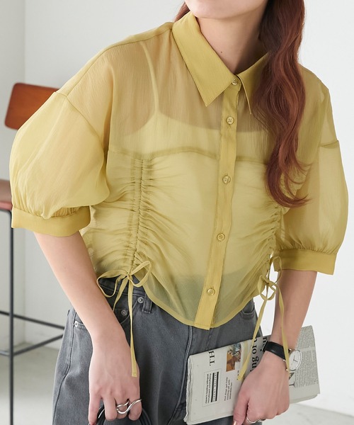 BONLECILL（ボンルシール）の「シアードロストボリュームスリーブリボンシャツ（シャツ/ブラウス・レディース・イエロー/ピンク/オフホワイト/ライトグレー・FREE）」の18枚目の写真