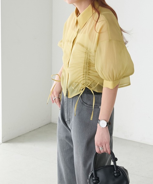 BONLECILL（ボンルシール）の「シアードロストボリュームスリーブリボンシャツ（シャツ/ブラウス・レディース・イエロー/ピンク/オフホワイト/ライトグレー・FREE）」の20枚目の写真