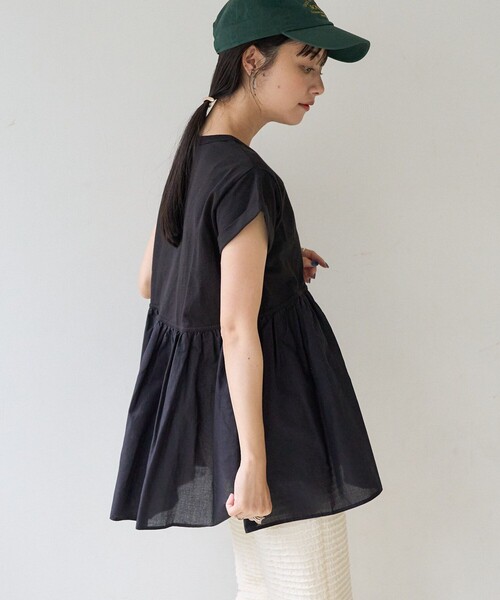 FREAK'S STORE（フリークスストア）の「切替ギャザーTシャツ/異素材切替Tシャツ（Tシャツ/カットソー・レディース・ブラック/オフホワイト/グリーン/ピンク・ﾌﾘ-）」の3枚目の写真