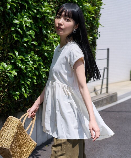 FREAK'S STORE（フリークスストア）の「切替ギャザーTシャツ/異素材切替Tシャツ（Tシャツ/カットソー・レディース・ブラック/オフホワイト/グリーン/ピンク・ﾌﾘ-）」の10枚目の写真