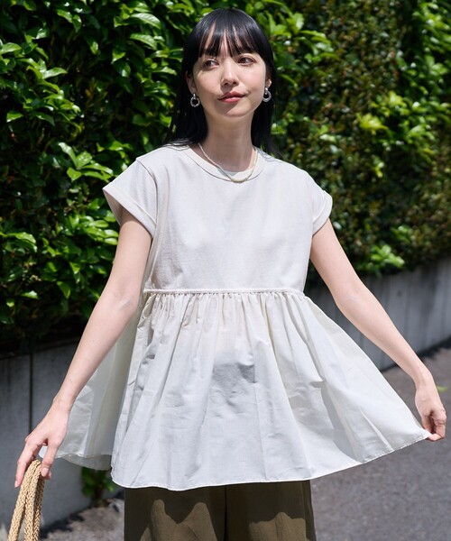 FREAK'S STORE（フリークスストア）の「切替ギャザーTシャツ/異素材切替Tシャツ（Tシャツ/カットソー・レディース・ブラック/オフホワイト/グリーン/ピンク・ﾌﾘ-）」の13枚目の写真