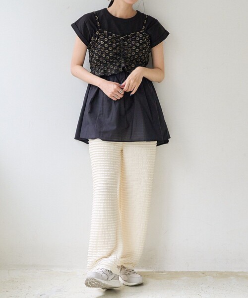 FREAK'S STORE（フリークスストア）の「切替ギャザーTシャツ/異素材切替Tシャツ（Tシャツ/カットソー・レディース・ブラック/オフホワイト/グリーン/ピンク・ﾌﾘ-）」の15枚目の写真