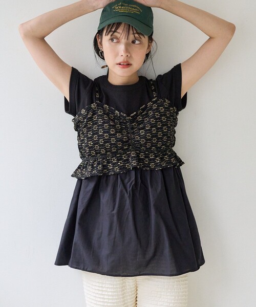 FREAK'S STORE（フリークスストア）の「切替ギャザーTシャツ/異素材切替Tシャツ（Tシャツ/カットソー・レディース・ブラック/オフホワイト/グリーン/ピンク・ﾌﾘ-）」の18枚目の写真