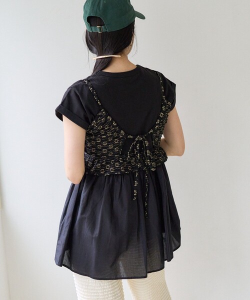 FREAK'S STORE（フリークスストア）の「切替ギャザーTシャツ/異素材切替Tシャツ（Tシャツ/カットソー・レディース・ブラック/オフホワイト/グリーン/ピンク・ﾌﾘ-）」の20枚目の写真