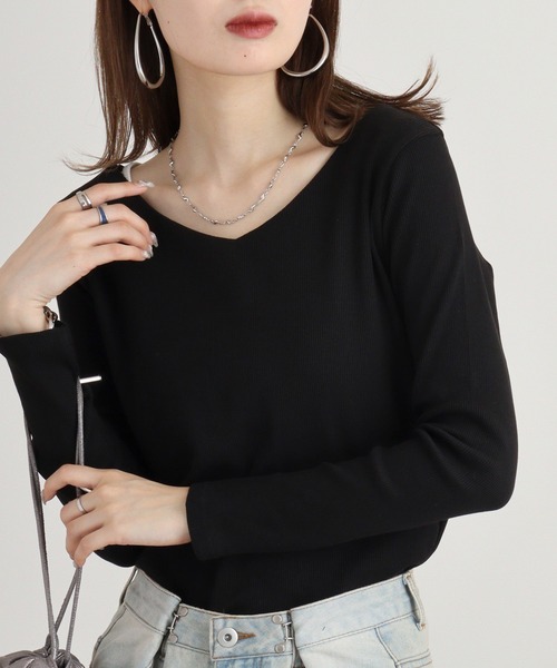 リブVネックカットソー セール】2×2リブVネックカットソー（Tシャツ/カットソー