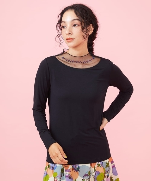Jocomomola(ホコモモラ)の「レーヨンベア天 チュールドッキングカットソー(Tシャツ/カットソー・レディース・ピンク/ブラック/カーキ/アイボリー・40)」の3枚目の写真