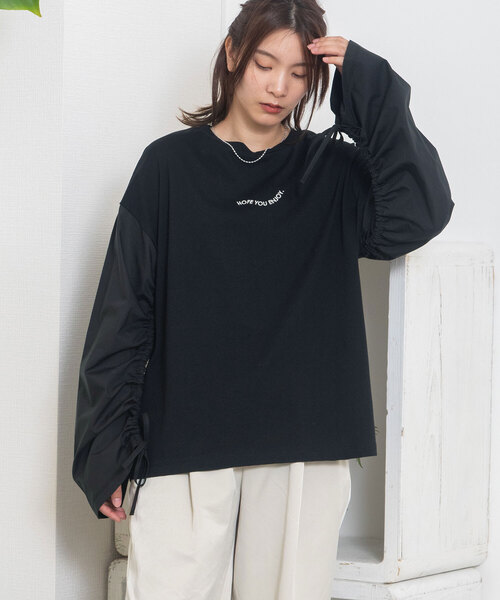 POU DOU DOU(プードゥドゥ)の「布帛シャーリング袖オーバーサイズトップス(Tシャツ/カットソー・レディース・ブラック/ライトブルー/オフホワイト・M)」の11枚目の写真