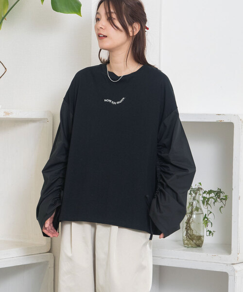 POU DOU DOU(プードゥドゥ)の「布帛シャーリング袖オーバーサイズトップス(Tシャツ/カットソー・レディース・ブラック/ライトブルー/オフホワイト・M)」の12枚目の写真