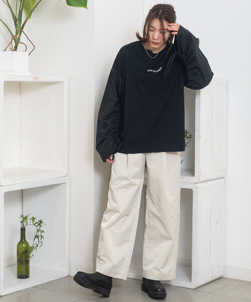 POU DOU DOU(プードゥドゥ)の「布帛シャーリング袖オーバーサイズトップス(Tシャツ/カットソー・レディース・ブラック/ライトブルー/オフホワイト・M)」の16枚目の写真