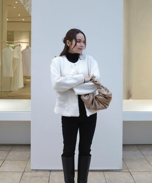 PINKO ストライプ ニットツイード ノーカラー ジャケット 40