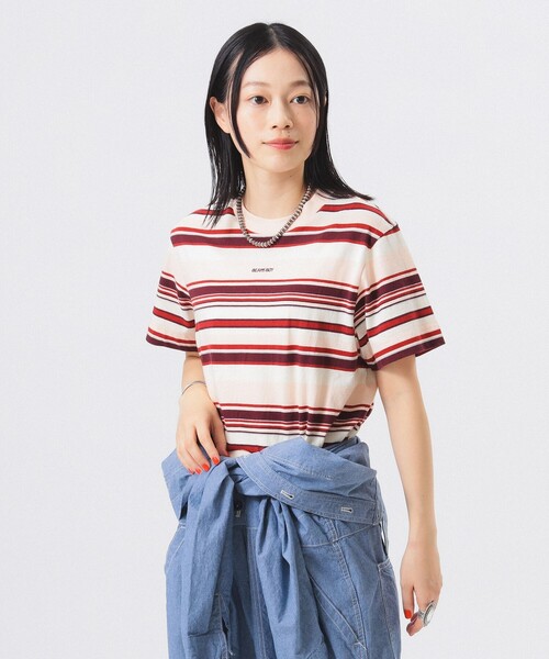 BEAMS BOY（ビームスボーイ）の「エンブロイダリー マルチボーダー ショートスリーブ Tシャツ（Tシャツ/カットソー・レディース・ネイビー/オレンジ/ピンク・1/2）」の3枚目の写真