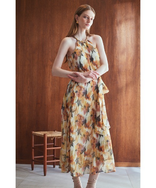 エステラケー　ネックチェーンアコーディオンプリーツドレス Agnes Pleated Long Dress ネックチェーンアコーディオン
