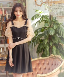 キャバドレス ミニ フレア ノースリーブ シアー肩あきガーリーハイウエスト切替ドレス キャバワンピ